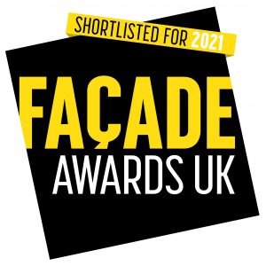 Facade award logo. Black background with yellow and white text. Shortlisted entry into awards. RCI Magazine Facade Awards 2021!