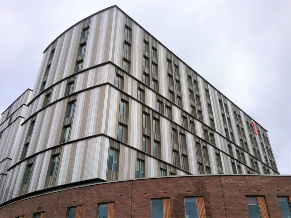 Aluminium rainscreen cladding in three different colours to student accommodation