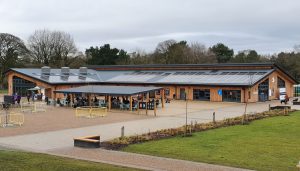 Timber clad building with metal roof. Visitors centre for Delamere Forest. RCI Magazine Facade Awards 2021!