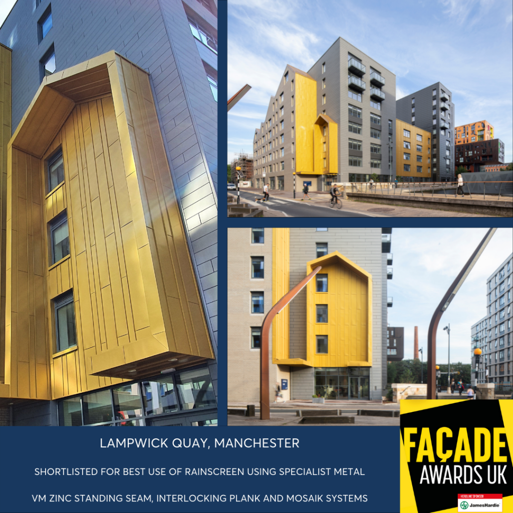 3 images of a new apartment block in Manchester. Gold and grey cladding