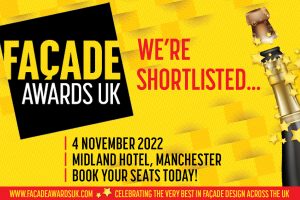 Facade Awards 2022 we're shortlisted banner. Black and red writing with yellow background