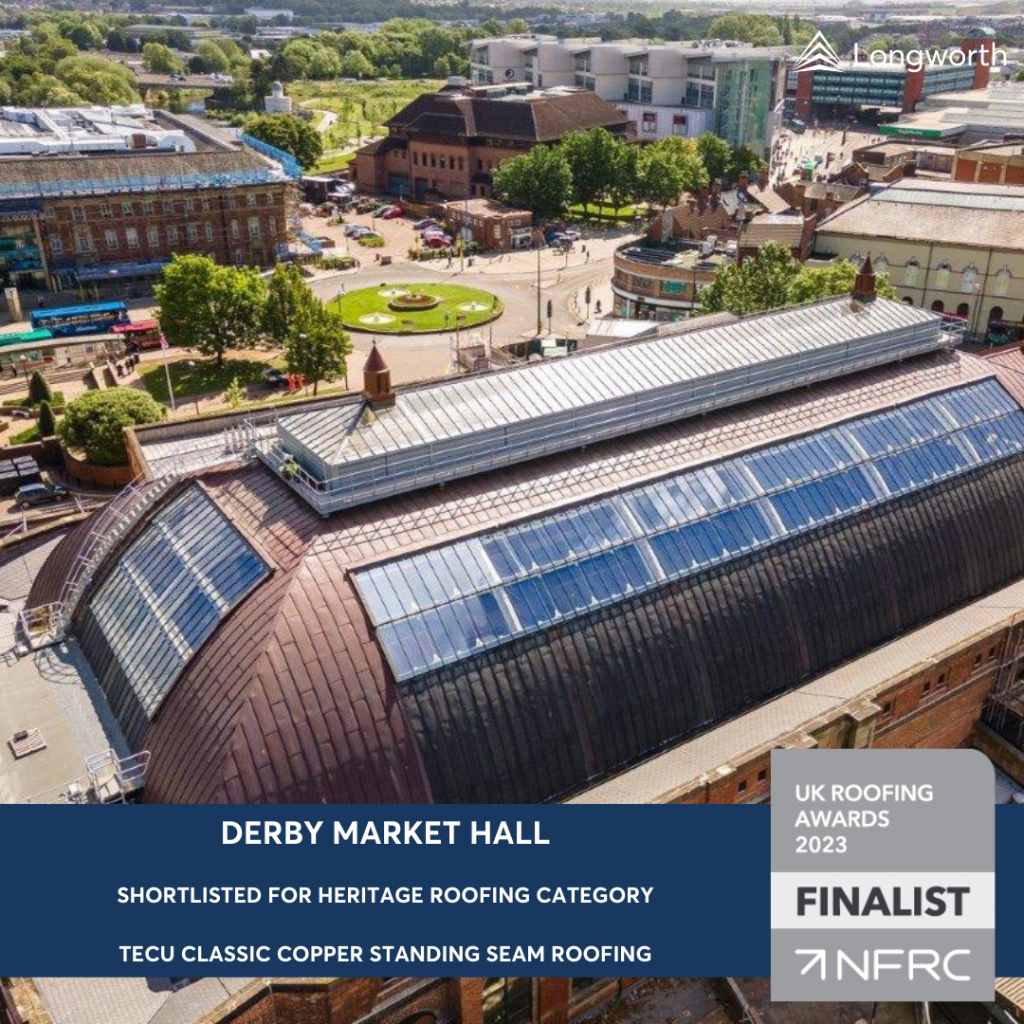 Aerial photograph of curved copper clad roof of Derby Market Hall - NFRC UK Roofing Awards