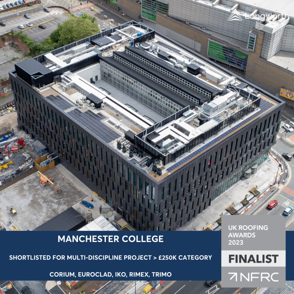 Aerial photograph of the new Manchester College Building - NFRC UK Roofing Awards