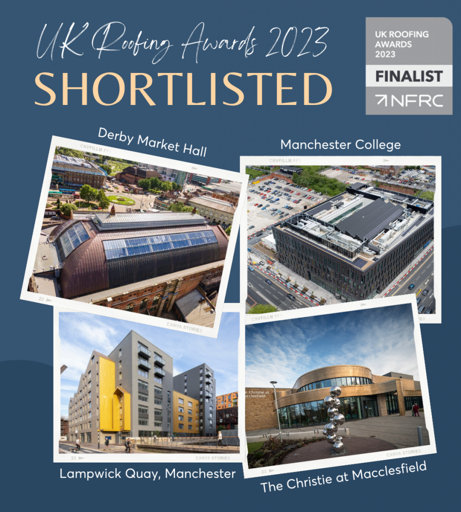 Graphic showing 4 shortlist projects, arranged like polaroid photos - NFRC UK Roofing Awards