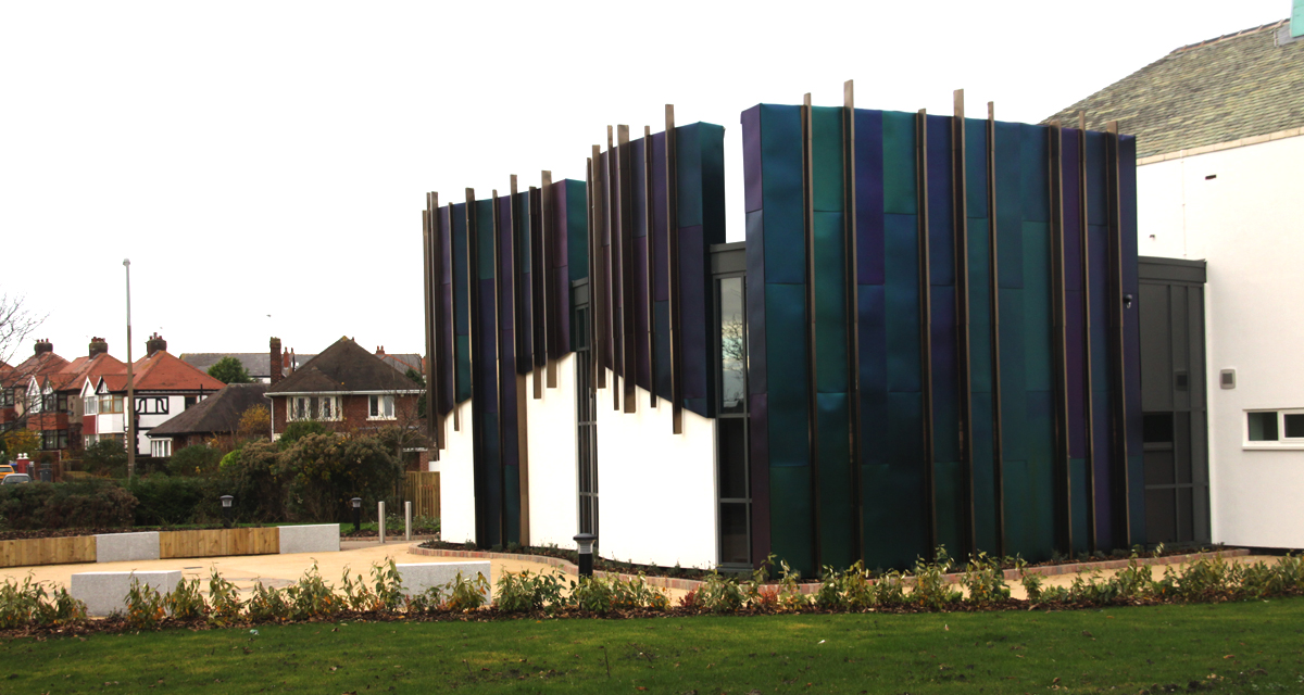Rimex iridescent stainless steel cladding at Bispham Library 1