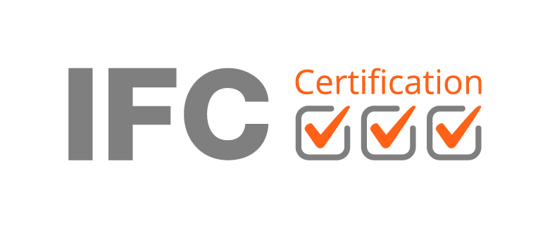 Grey and orange logo for IFC. Three orange tick boxes ticked