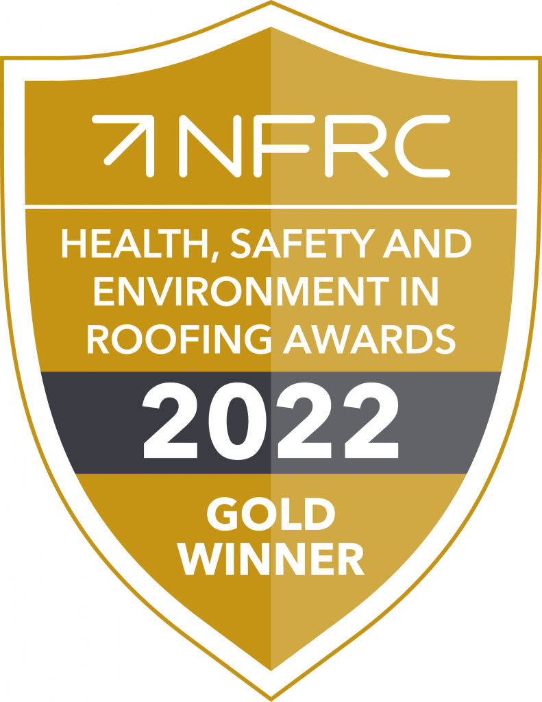 Shield shaped logo with gold colour and white writing. NFRC Health and Safety Award 2022