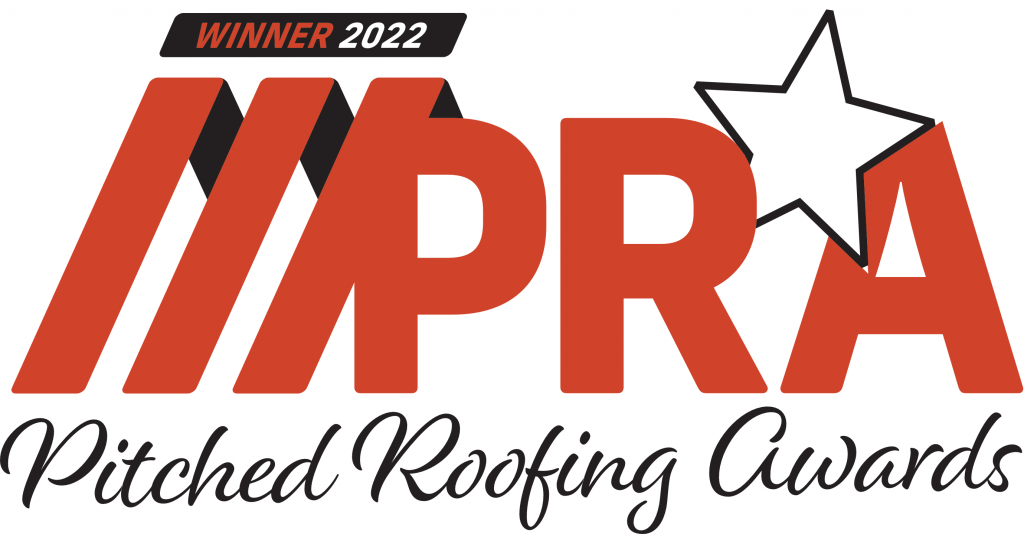 Red and black writing. Pitched roofing awards winner 2022