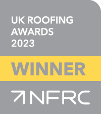 Grey and yellow logo. UK Roofing Awards 2023 Winners NFRC