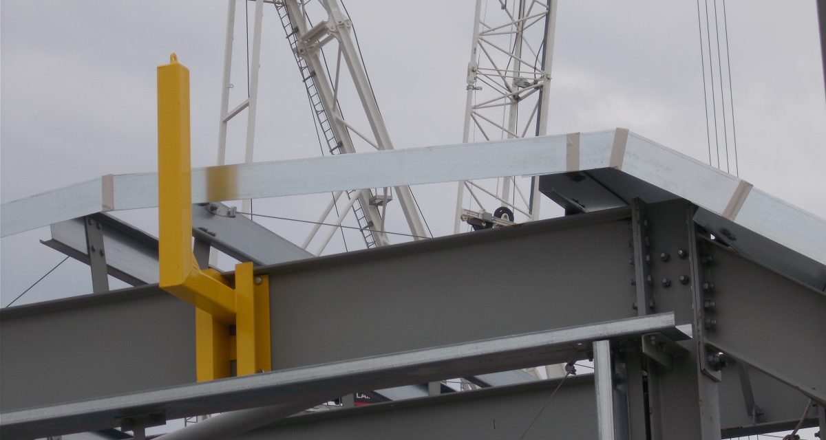 Zinc Roofing and Cladding 1. Longworth Dumfries & Galloway Hospital, bespoke temporary fall-arrest post fixed to primary steel